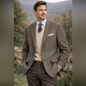 Chaps 100% Lambswool Houndstooth Blazer Mens 42L Brown Tan Sport Coat Classic